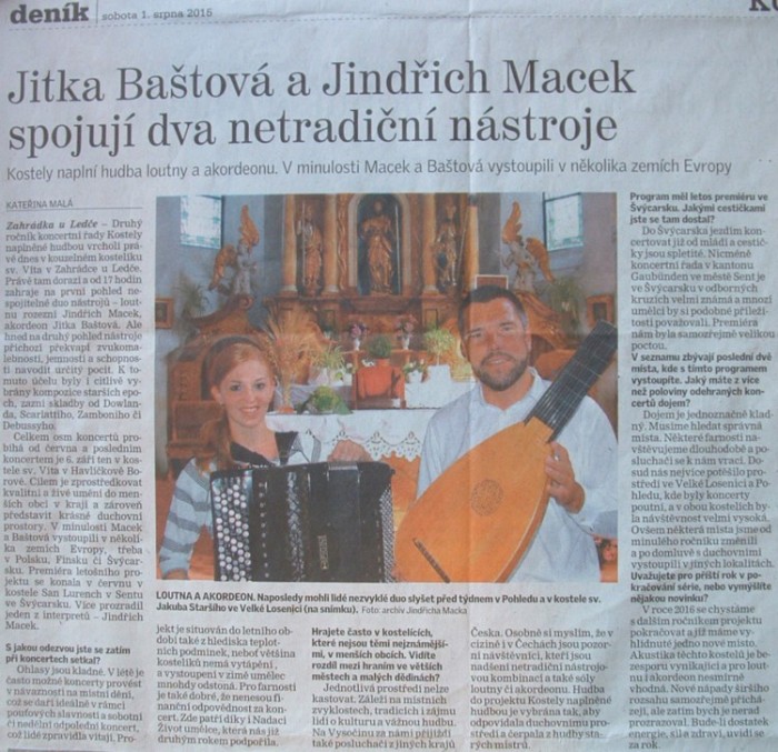 Deník, Culture: Jitka Baštová and Jindřich Macek Unite Two Unconventional Instruments