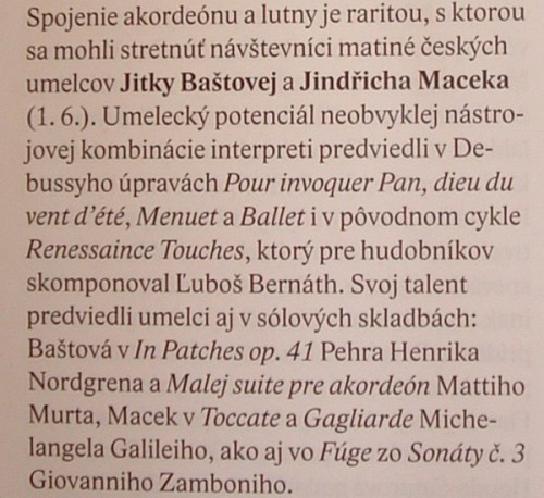 Hudobný život, 7-8 2014, Ingeborg Šišková: Sunday Matinee at Mirbach, Written About the Premiere on 1.6.2014